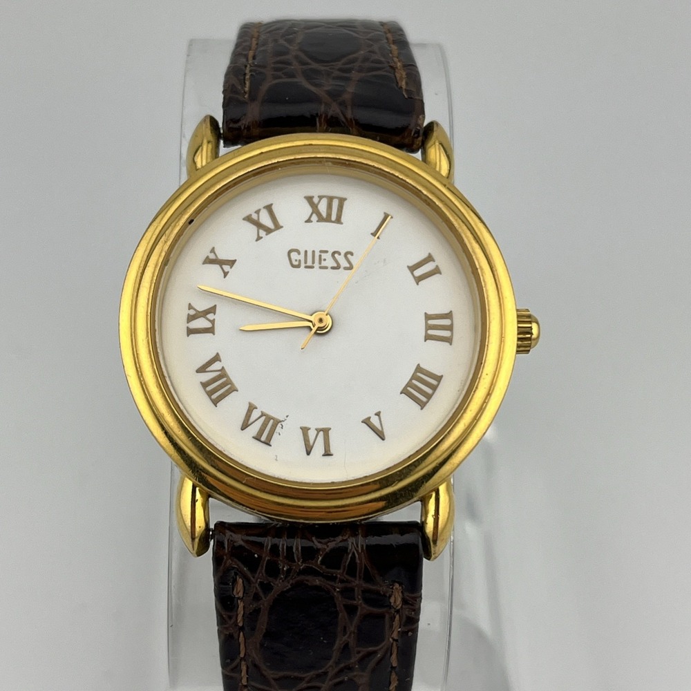 Vtg 1990 Guess‎ Watch Women 34mm Gold Case Leather Band- New Battery